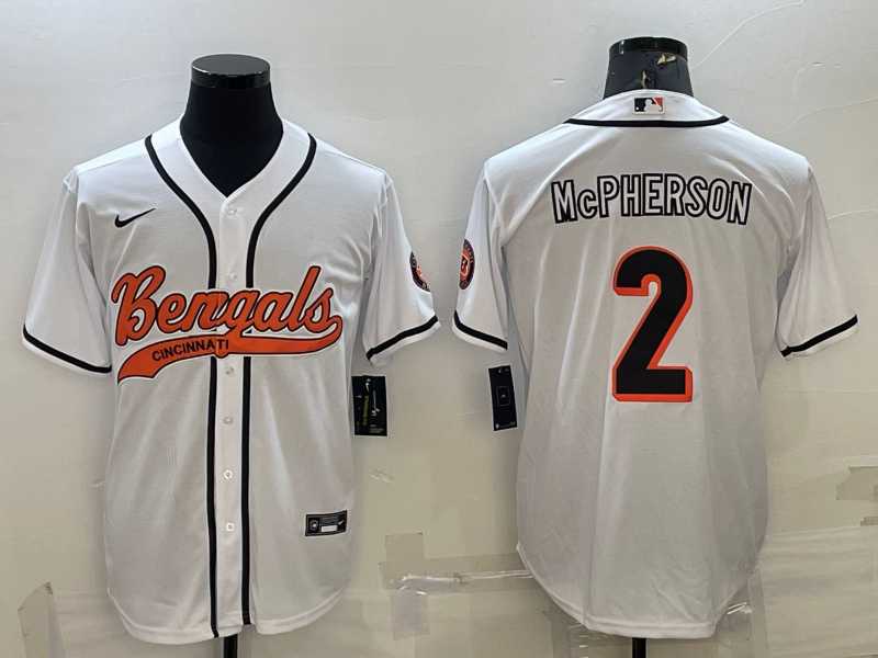 Mens Cincinnati Bengals #2 Evan McPherson White With Patch Cool Base Stitched Baseball Jersey->cincinnati bengals->NFL Jersey